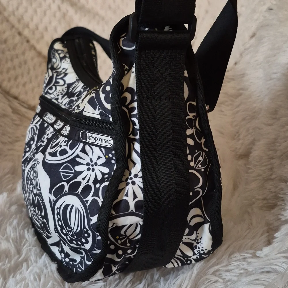 LeSportsac Black and White Floral Shoulder Crossbody Zip Bag